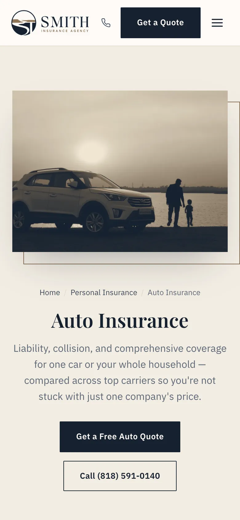 Smith Insurance auto insurance page on a phone