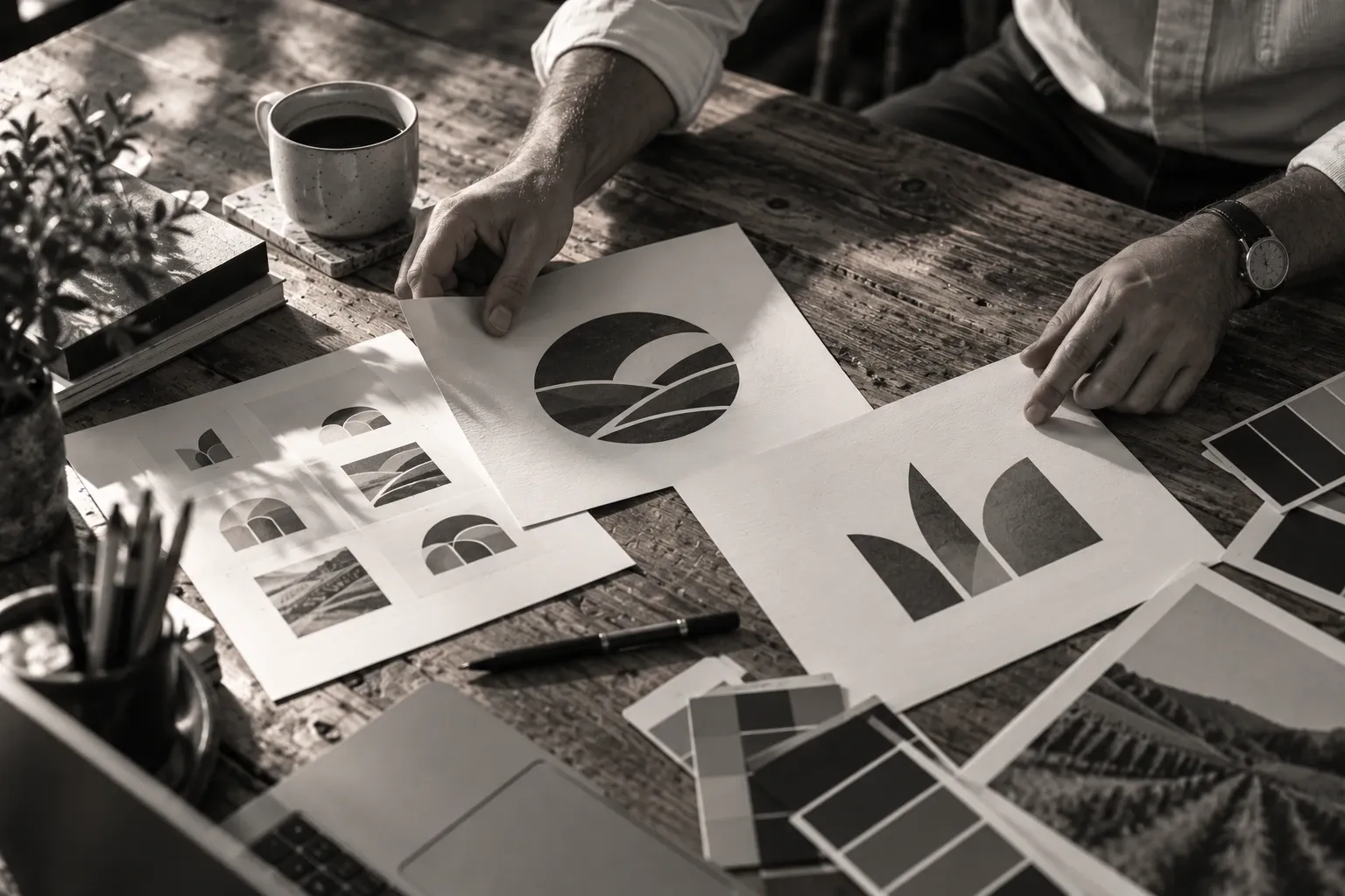 Hands arranging printed logo sketches and color swatches on a wooden table