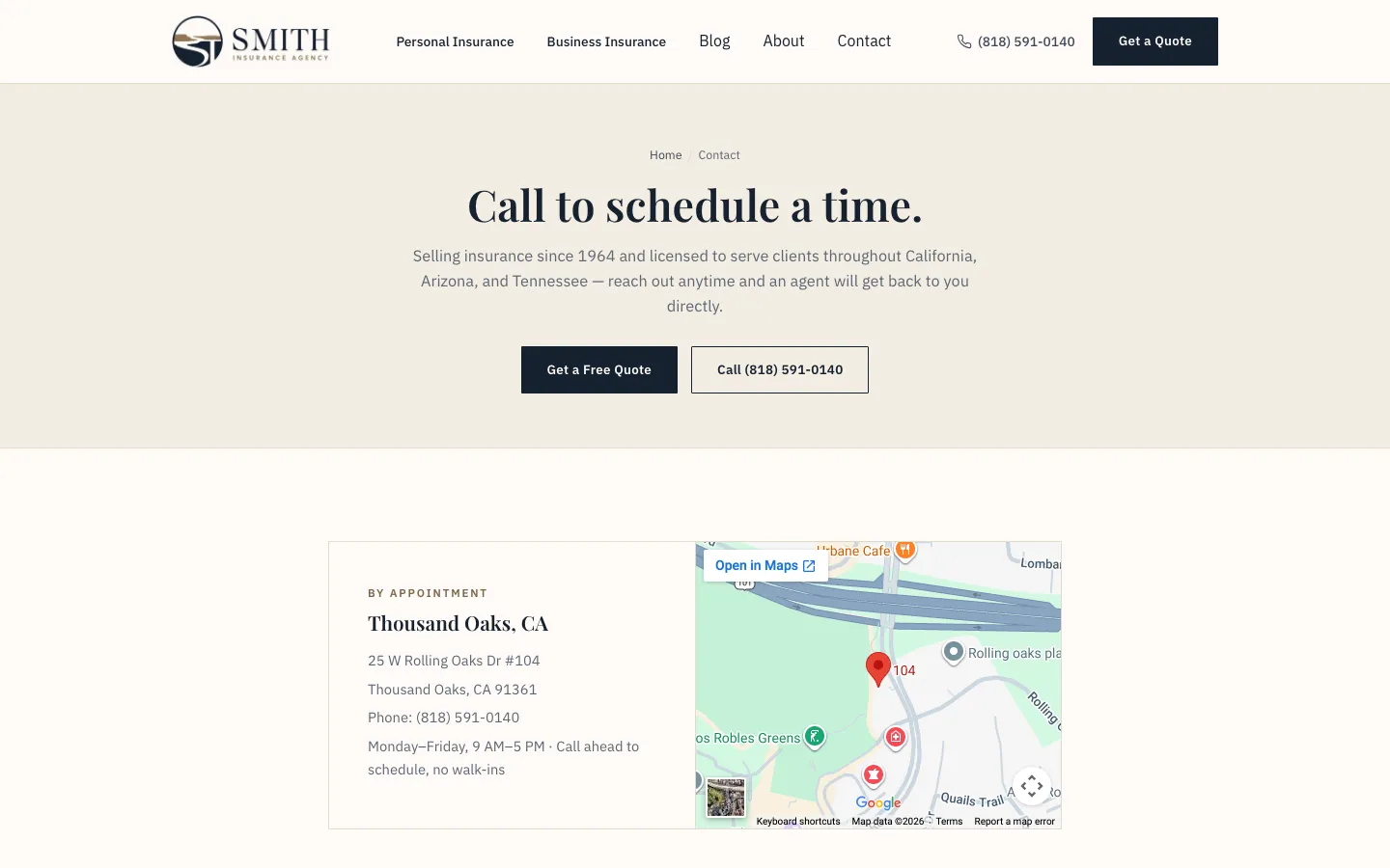 Smith Insurance contact page on desktop with office details and map