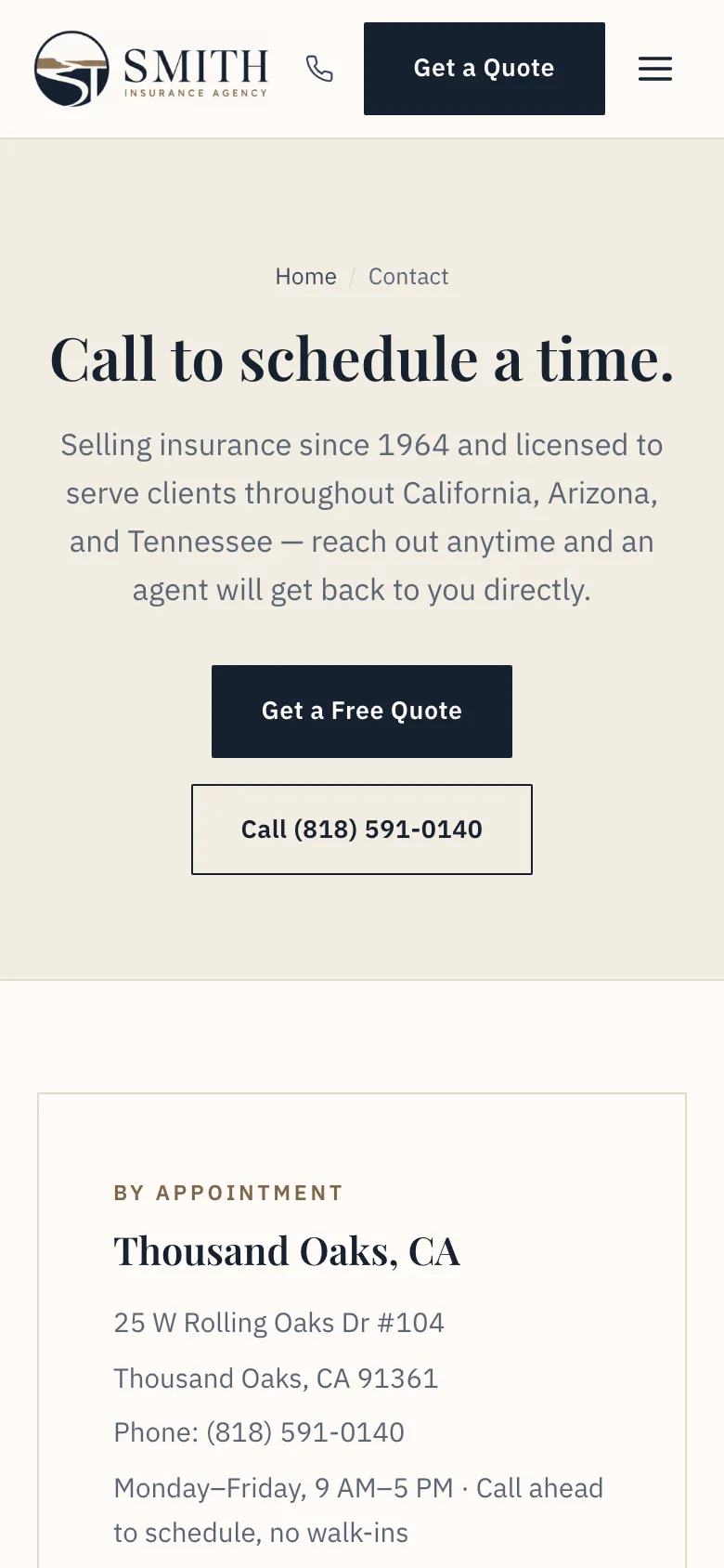 Smith Insurance contact page on a phone
