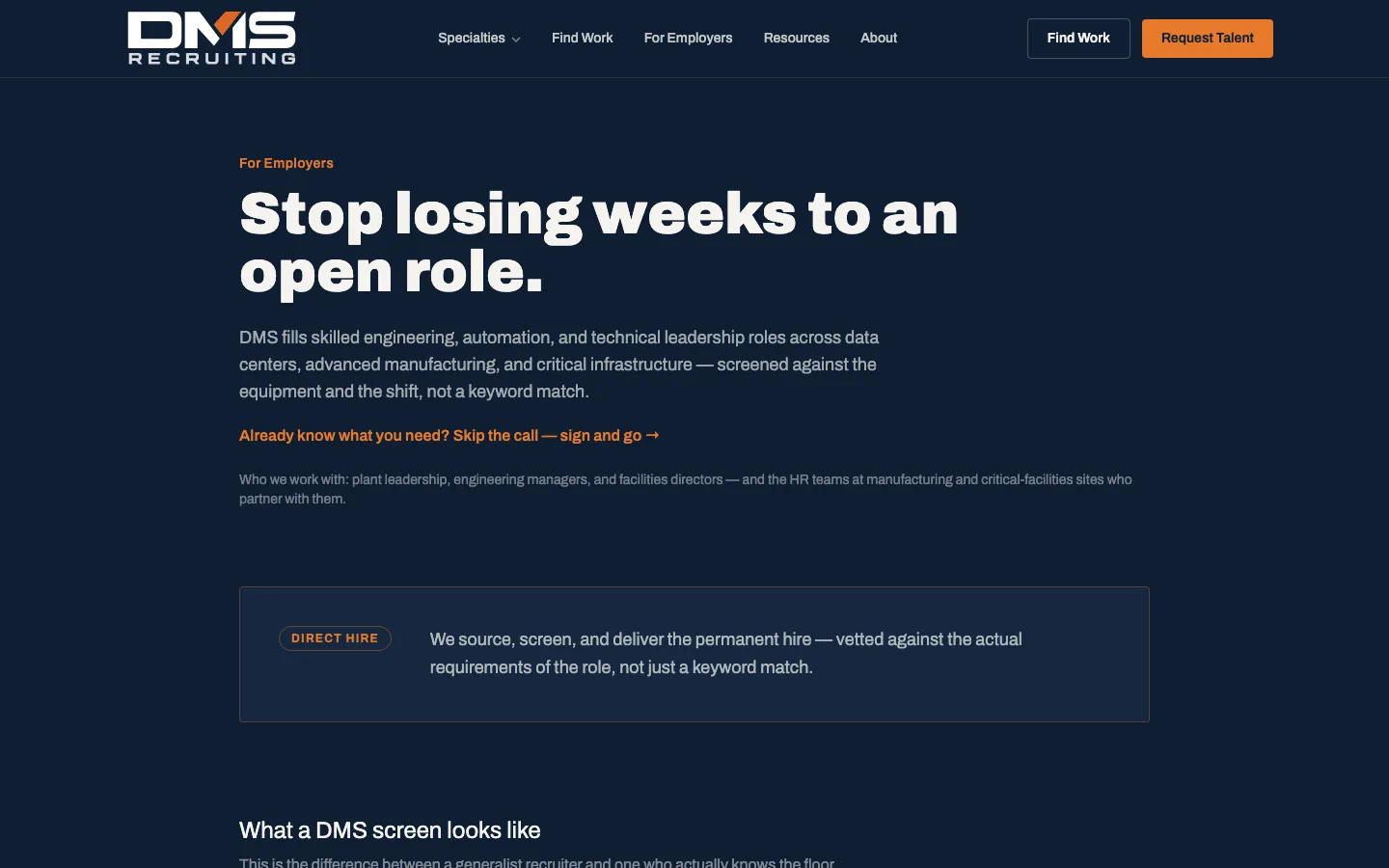 DMS Recruiting page for employers on desktop