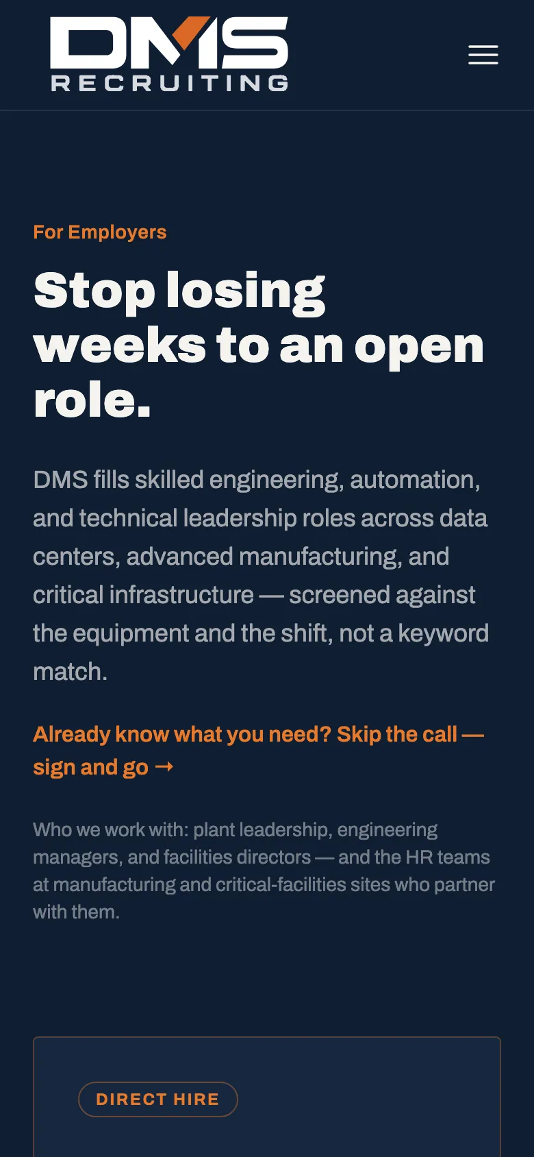 DMS Recruiting page for employers on a phone