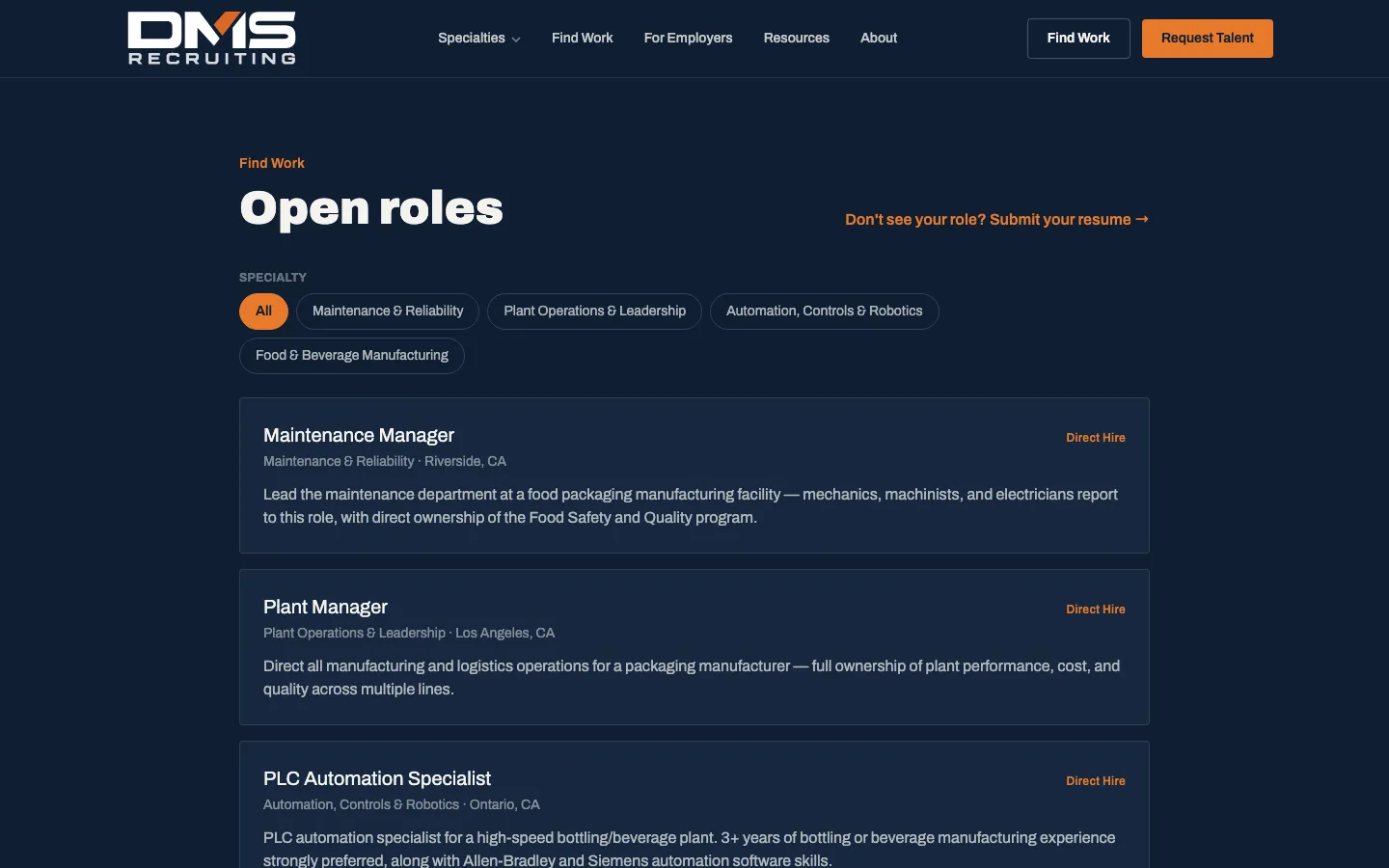 DMS Recruiting open roles page on desktop with filters and job listings