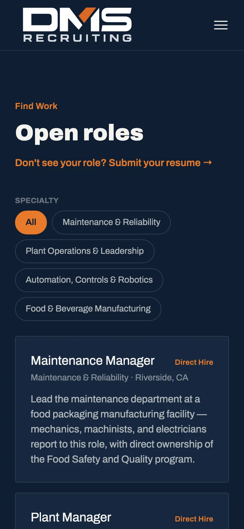 DMS Recruiting open roles page on a phone