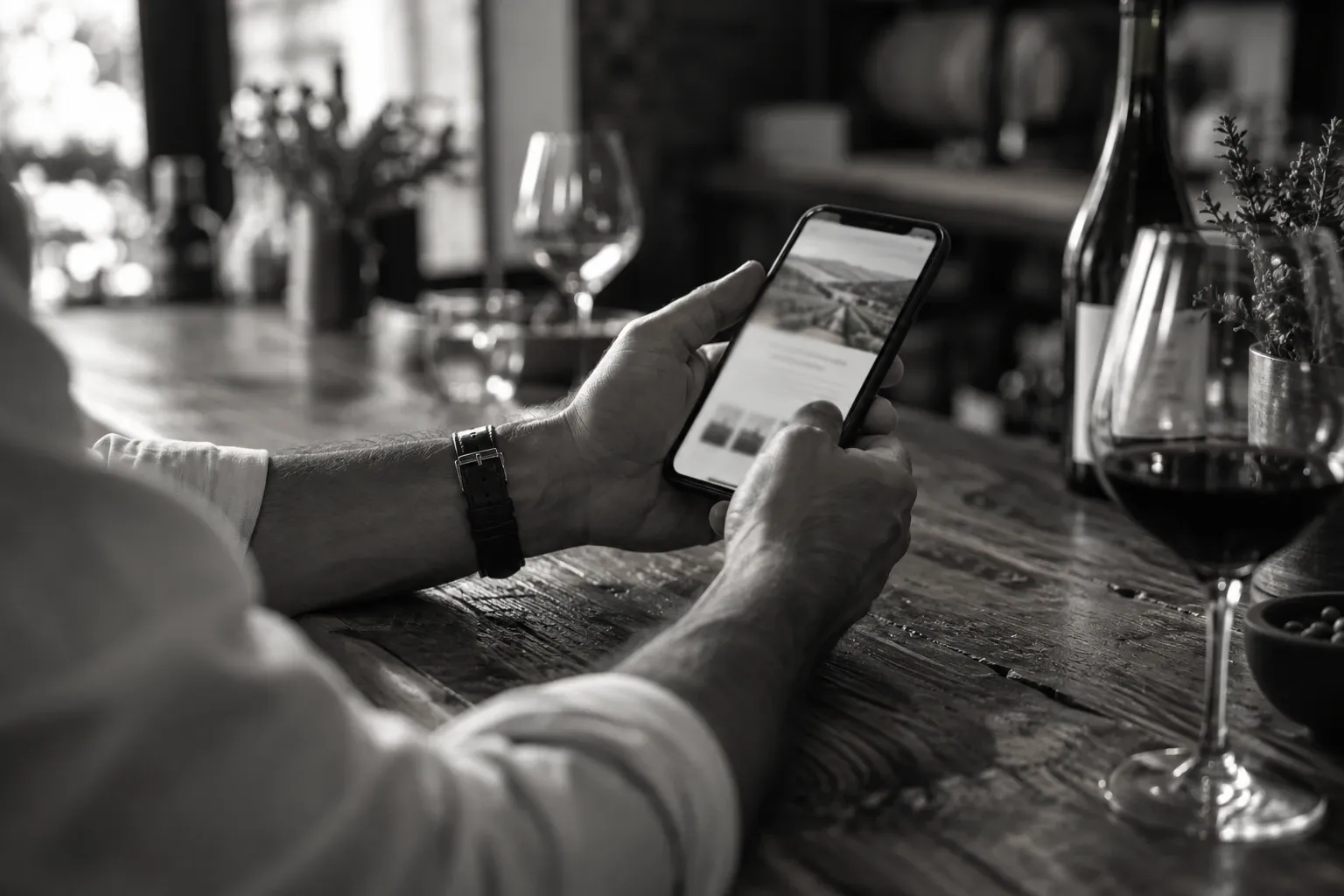 Hands holding a phone with a winery website open, resting on a wooden bar beside a glass of red wine